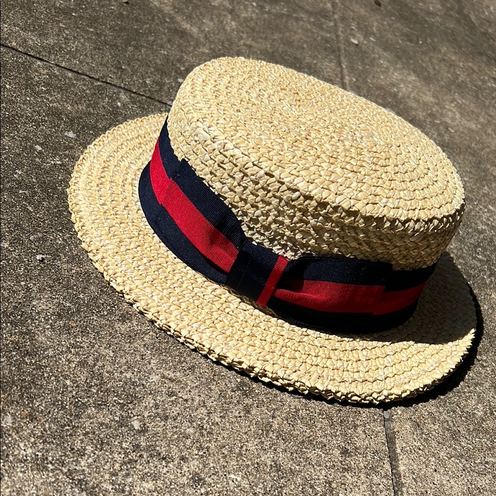 SCALA Straw Boater Hat with Red and Blue Ribbon - Picture 2 of 15